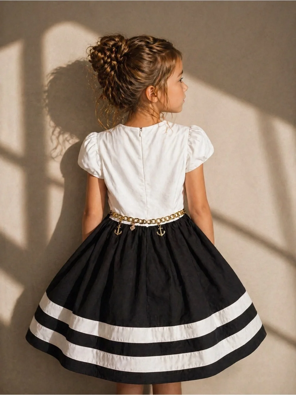 Monnalisa Girls Jersey Dress Size 10 Navy White Gold Chain Belt